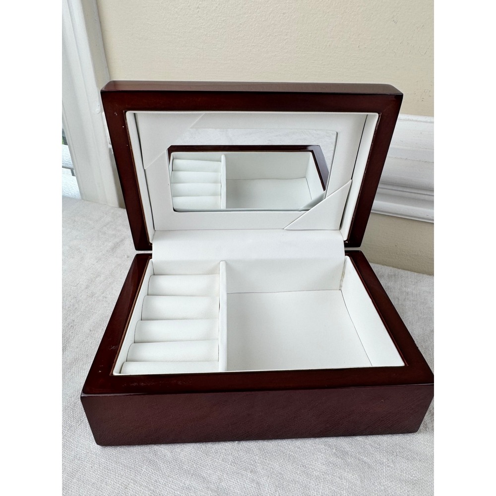 Cherry Wood Jewelry Box High Gloss Lacquer Mirror Ring Rolls White Velvet Lining